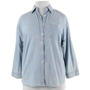 Hester & Orchard Sz L Blue White Roll Tab Sleeve Button Up 100% Cotton Shirt Top